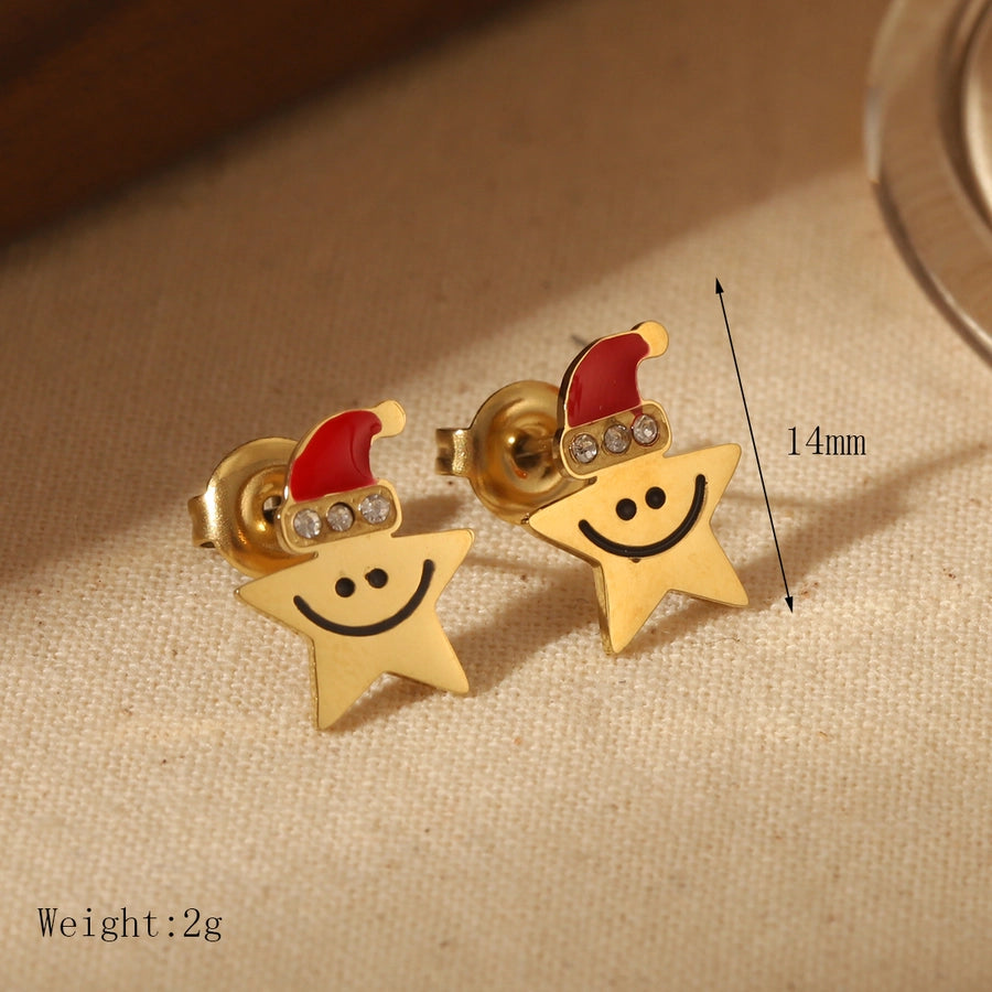 Sweet Simple Style Christmas Tree Santa Claus Enamel Stainless Steel Zircon 14K Gold Plated Ear Studs