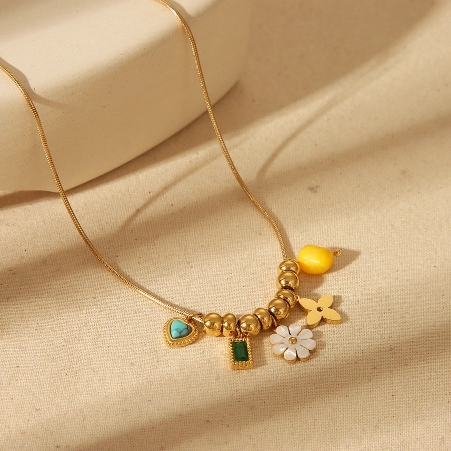 Heart Flower Bee Stainless Steel Artificial Pearls 18K Gold Plated Epoxy Plating Inlay Pendant Necklace