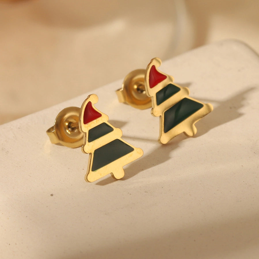 Sweet Simple Style Christmas Tree Santa Claus Enamel Stainless Steel Zircon 14K Gold Plated Ear Studs