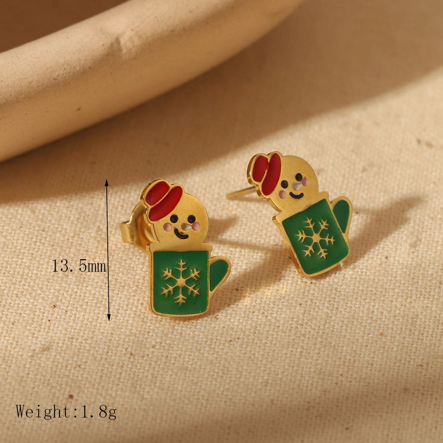 Sweet Simple Style Christmas Tree Santa Claus Enamel Stainless Steel Zircon 14K Gold Plated Ear Studs