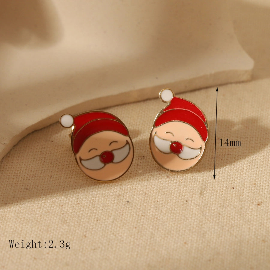 Sweet Simple Style Christmas Tree Santa Claus Enamel Stainless Steel Zircon 14K Gold Plated Ear Studs